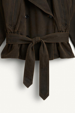 ZARA КУРТКА С ОТЛОЖНЫМ ВОРОТНИКОМ И ПОЯСОМ, КОРИЧНЕВЫЙ