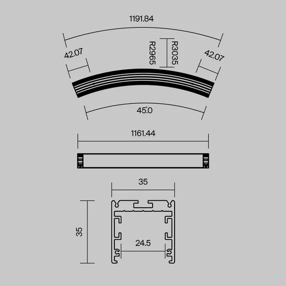 Радиусный профиль 35x35 D3000мм 1/8 круга черный Led Strip alm-3535r-b-d-45°-3m