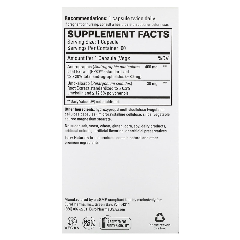 Terry Naturally, Andrographis EP80 с умкалоабо, 60 капсул
