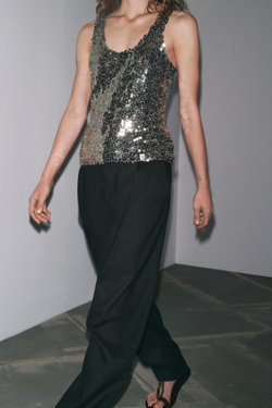 ZARA ТОП НА БРЕТЕЛЯХ С ПАЙЕТКАМИ, СЕРЕБРИСТЫЙ