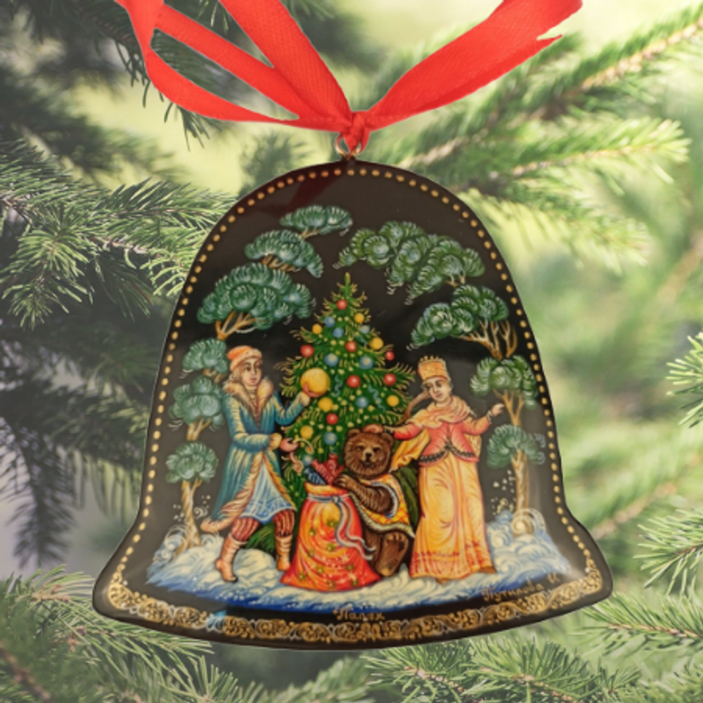 Ёлочная игрушка Колокольчик с росписью Палех "Подарки от Миши"