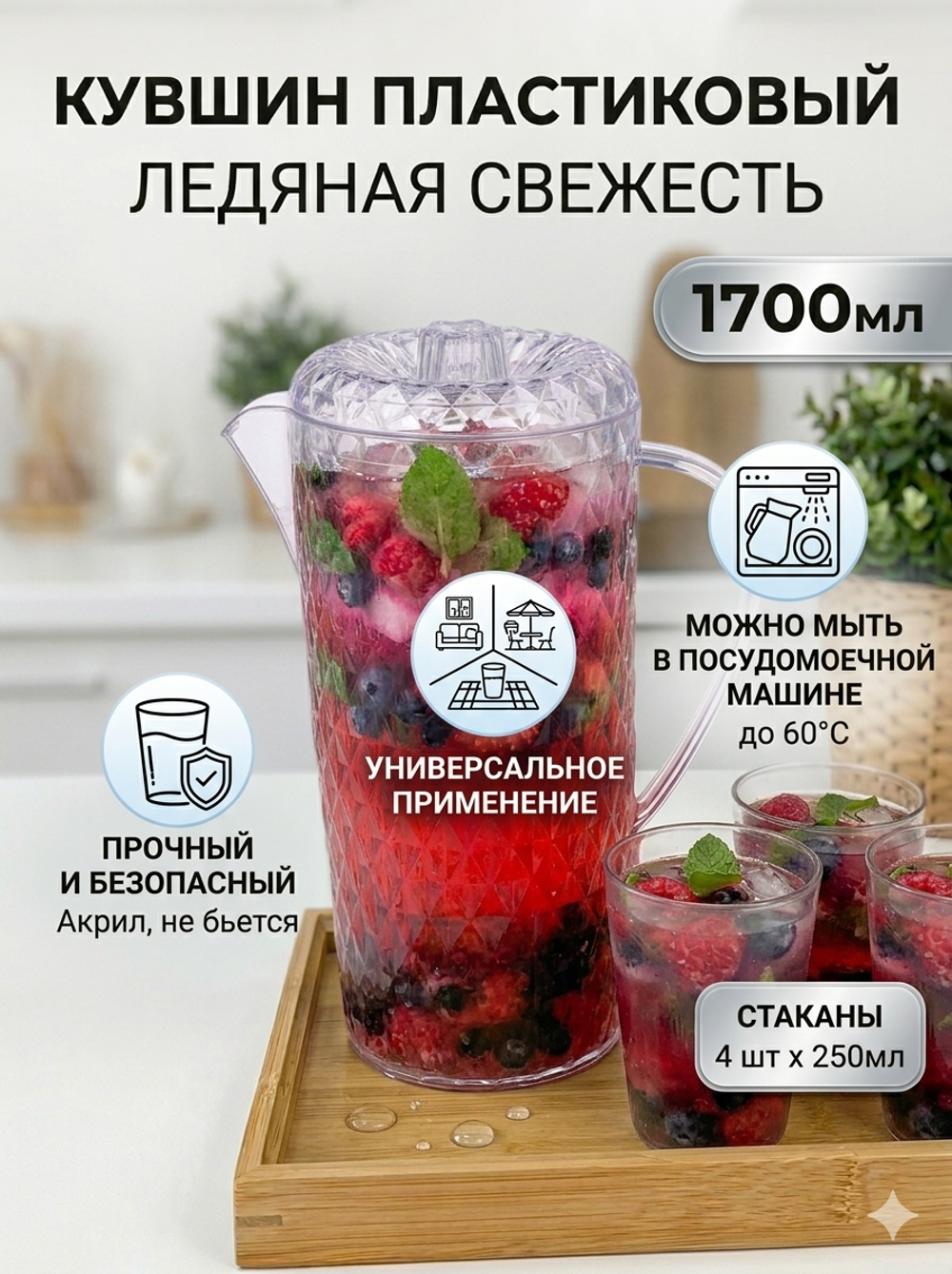Кувшин пластиковый 1.7л «Ледяная свежесть» в наборе с 4-мя стаканами 250мл
