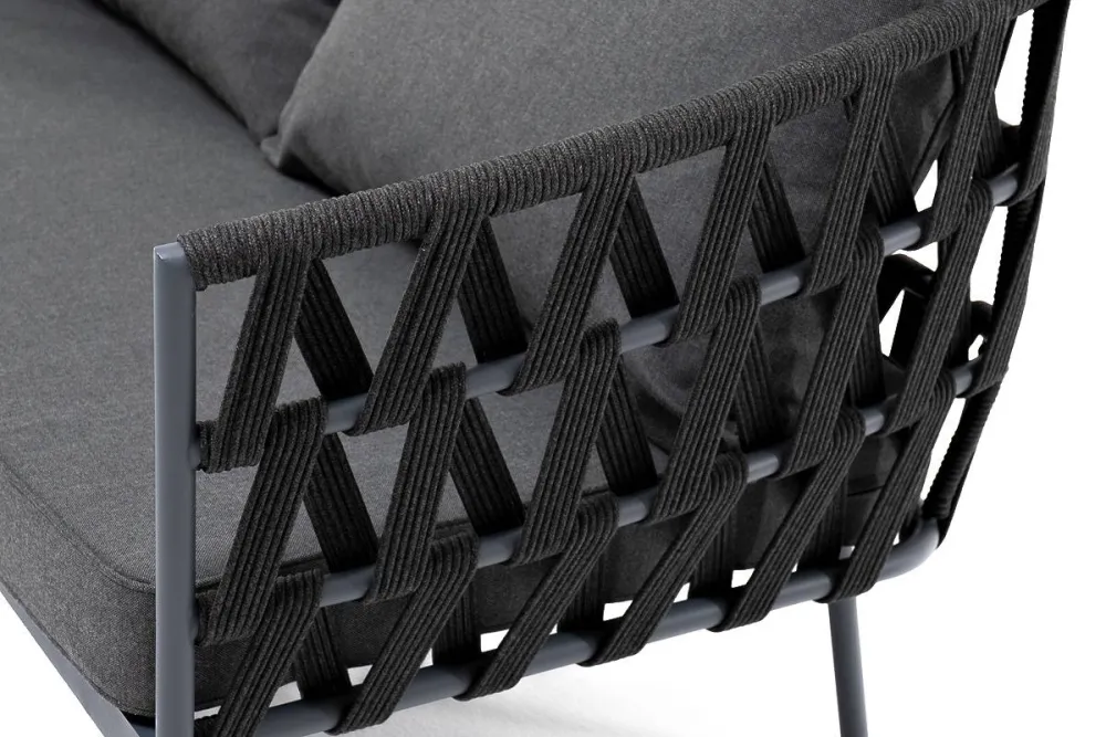 "Диего" диван 2-местный плетеный из роупа, каркас алюминий темно-серый (RAL7024) муар, роуп темно-серый круглый, ткань темно-серая 027