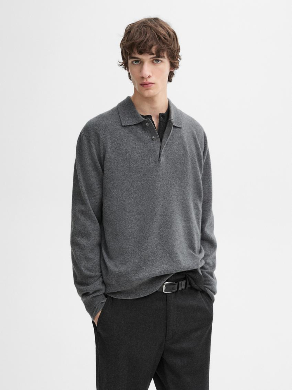 Massimo Dutti Свитер из 100% кашемира с воротником-поло, серый меланж