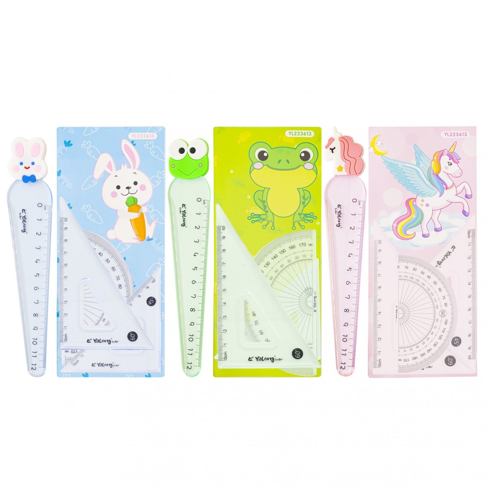 Набор чертежный Yalong, 12 см, пластиковый, 4 предмета, "Малыши-зверята", пакет-пенал ПВХ с европодвесом