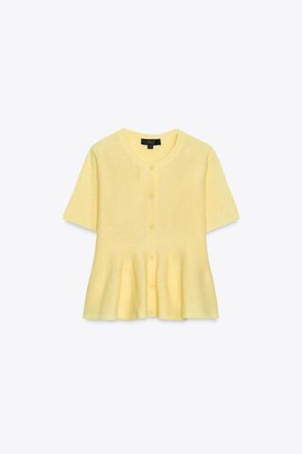 ZARA ТРИКОТАЖНЫЙ КАРДИГАН С БАСКОЙ, ЖЕЛТЫЙ