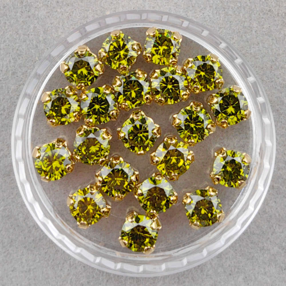 Фианиты шатоны в оправах, Olive Green/Gold 14k