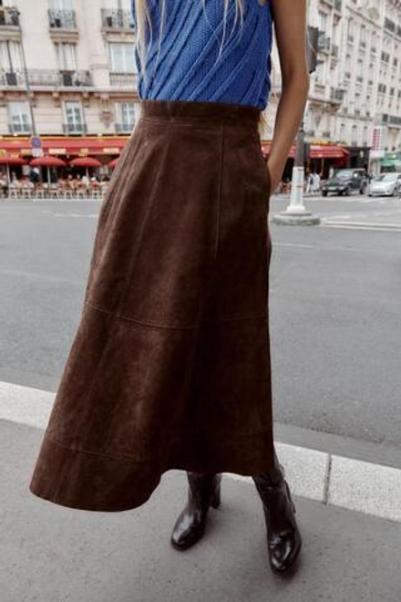 ZARA ЮБКА МИДИ ИЗ ЗАМШИ, ТЕМНО-КОРИЧНЕВЫЙ