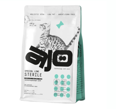 AJO Cat 400гр Sterile для активных стерилизованных кошек с высоким содержанием белка с индейкой и уткой