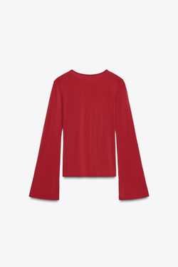 ZARA ФУТБОЛКА С ДЛИННЫМИ РУКАВАМИ И СБОРКАМИ, БУРГУНДИ