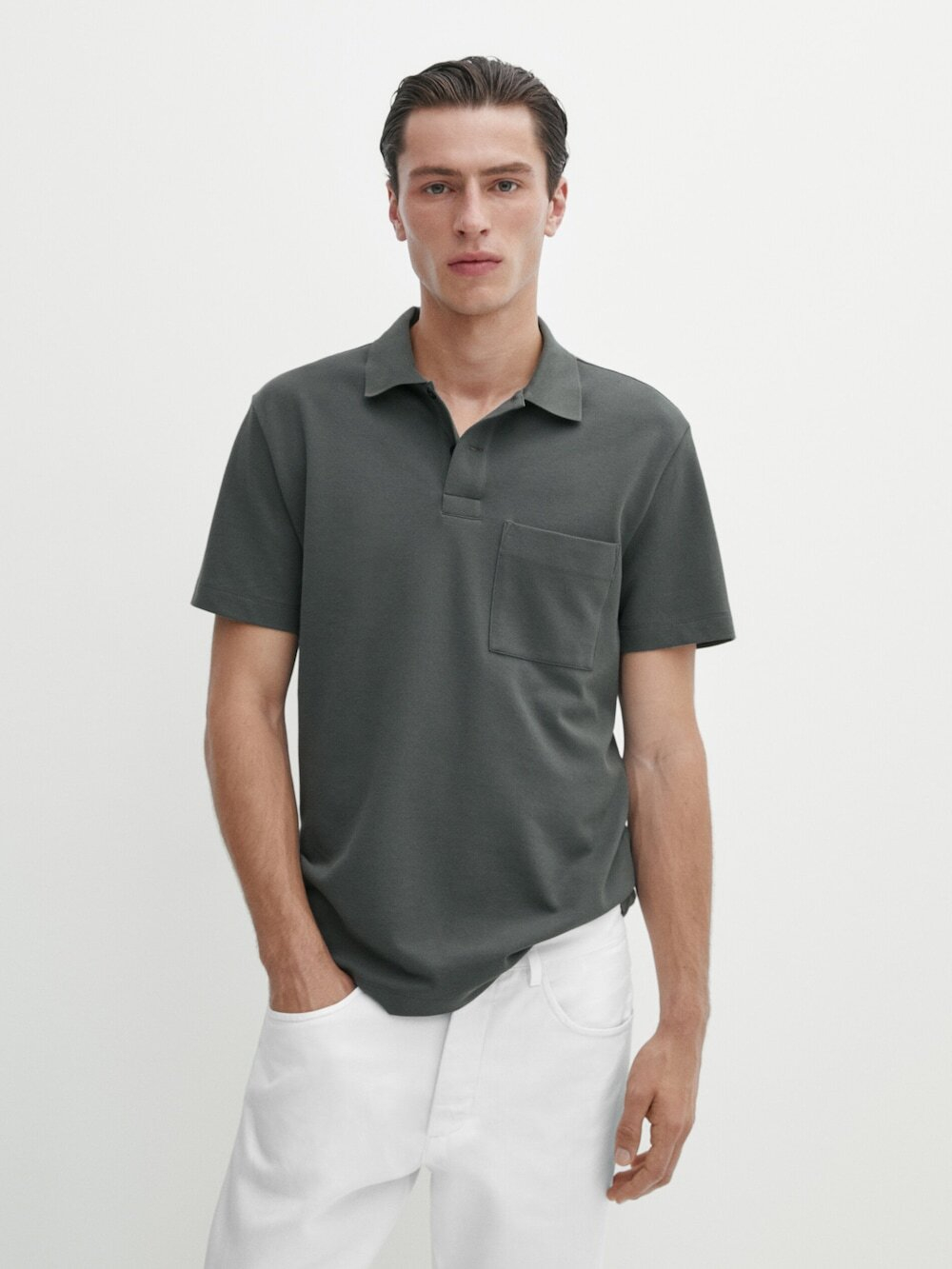 Massimo Dutti Поло из рельефного хлопка с карманом, водянисто-зеленый