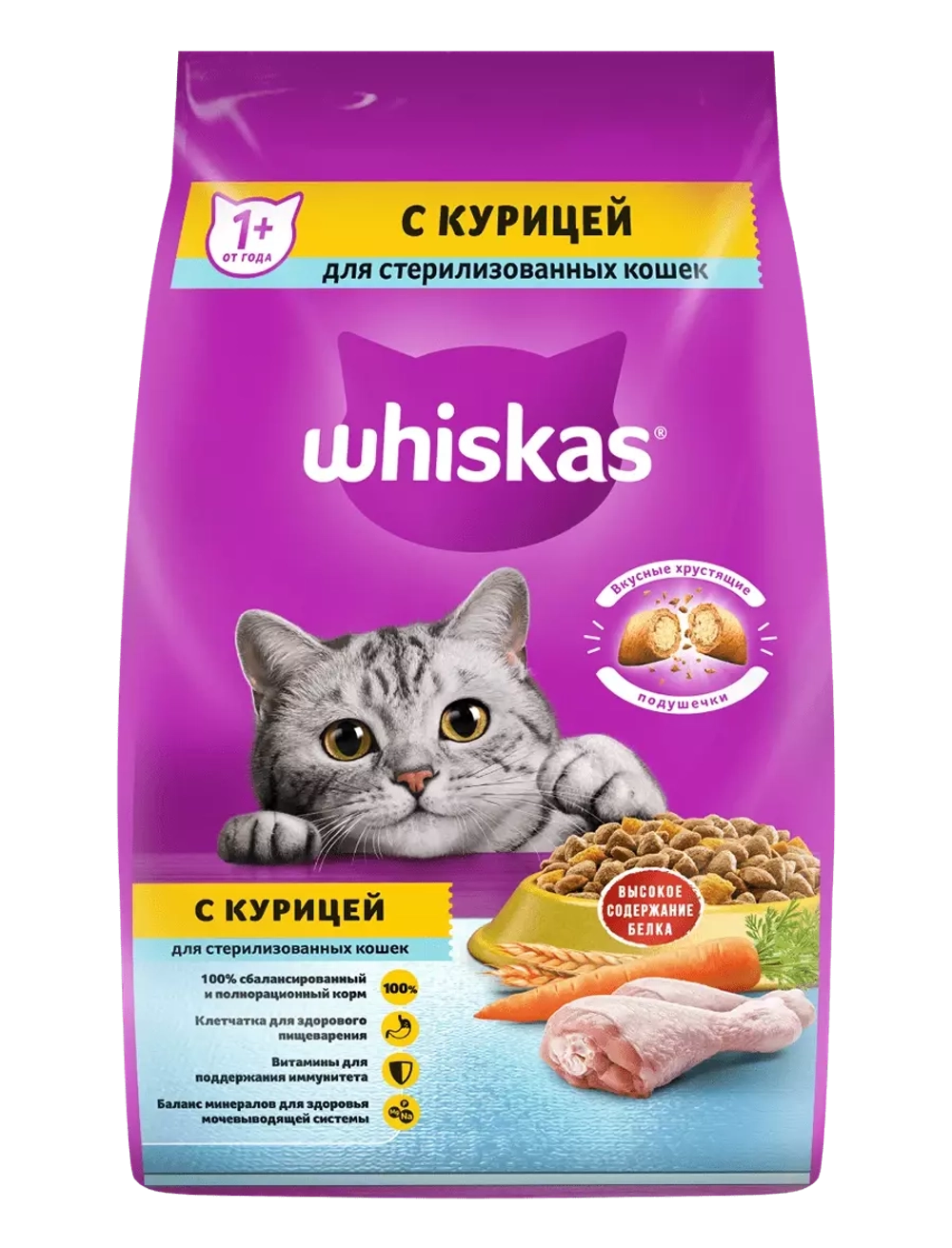 Whiskas корм для стерилизованных кошек с курицей, подушечки с паштетом