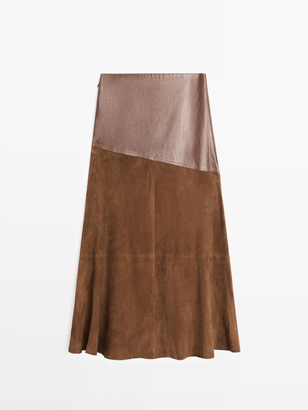 Massimo Dutti Юбка из замшевой кожи наппа с асимметричной кокеткой, коричневый