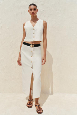 ZARA ЮБКА-МИДИ ИЗ КРЕПА С РЕМНЕМ, ЭКРЮ