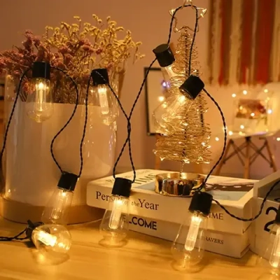 Гирлянда для улицы «Лампа» 3м, 15 ламп LED чёрный провод, 2 реж, IP-55, Теплый белый (солнечная батарея).