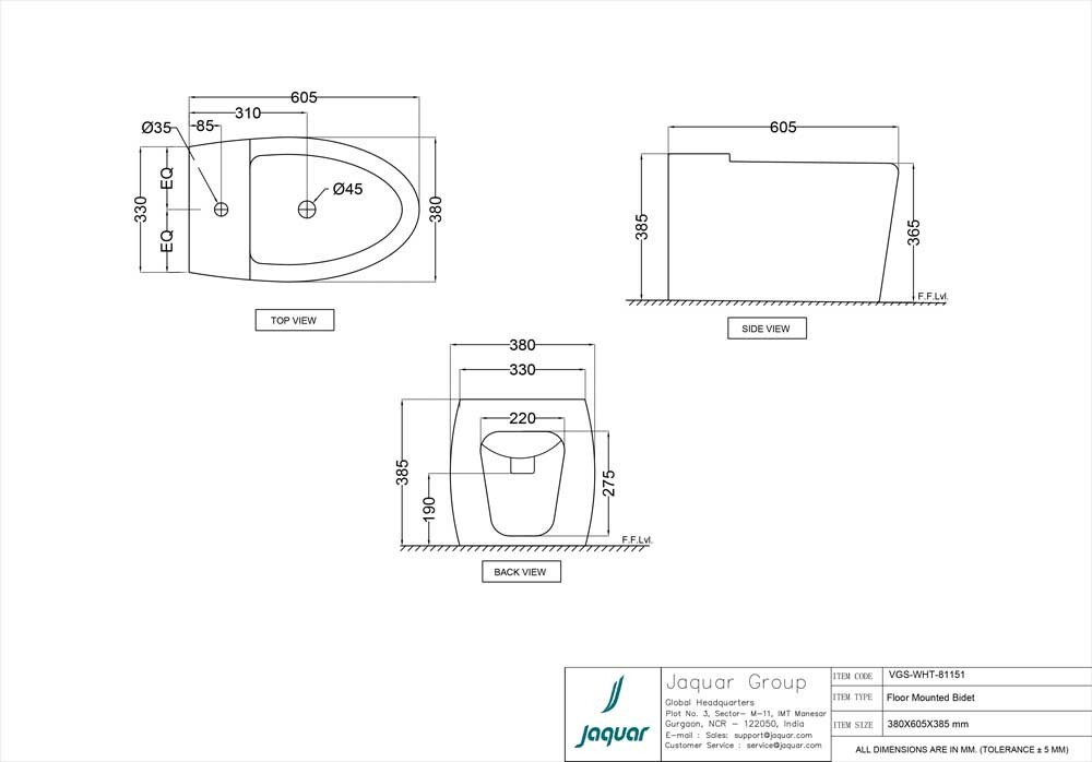 Jaquar, биде напольное Vignette Prime, Белый VGS-WHT-81151