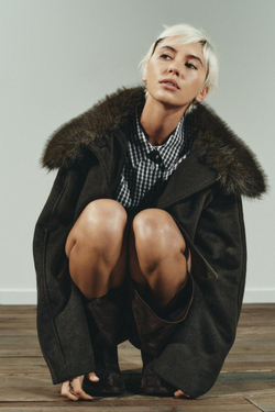 ZARA ПАЛЬТО ИЗ СМЕСОВОЙ ШЕРСТИ С ВОРОТНИКОМ ИЗ ИСКУССТВЕННОГО МЕХА, ТЕМНЫЙ ХАКИ