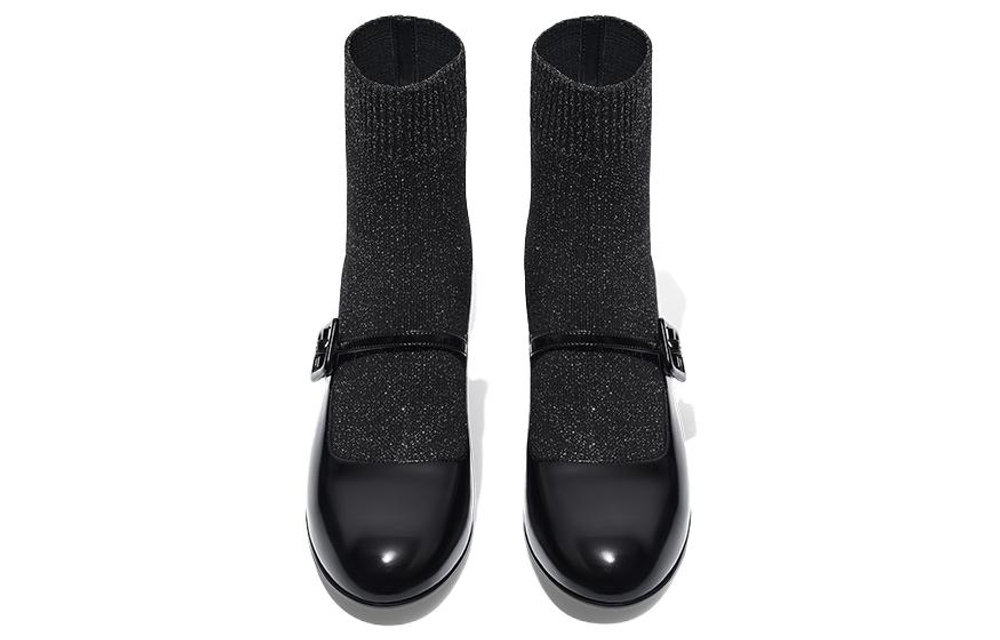 ZSAZSAZSU Comfortable Sock Boots Top Grain Cow Leather Ankle Boots 5.5cm Women"s Black