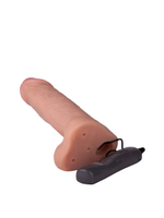 Страпон с 2 насадками и вибрацией UniStrap - 19 и 12 см. (Цвет: телесный с черным)