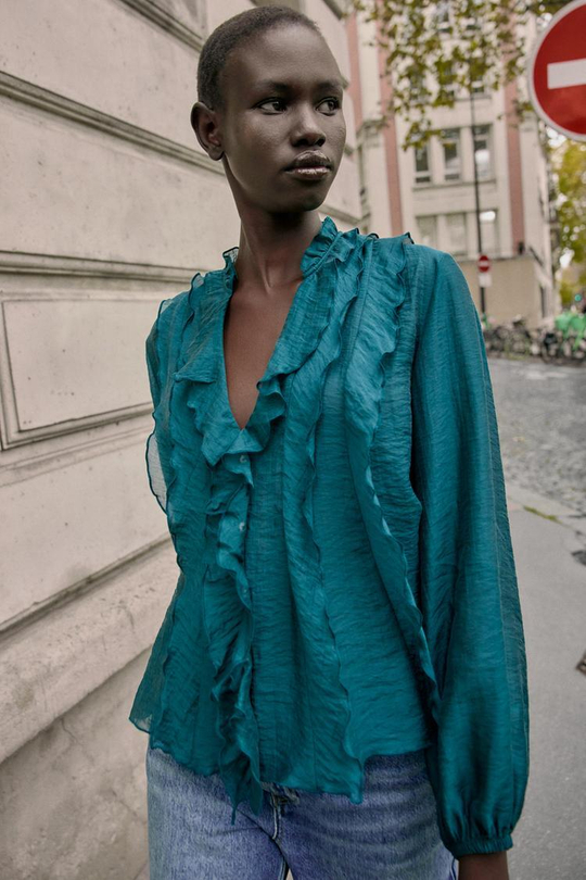 ZARA БЛУЗА С ВОЛАНАМИ, БУТЫЛОЧНО-ЗЕЛЕНЫЙ