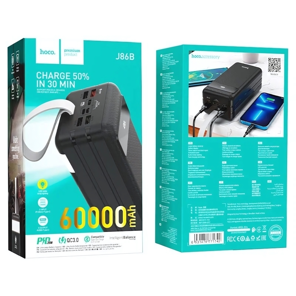 Внешний аккумулятор HOCO J86B 60000mAh PD20W+QC3.0, 3A,MicroUSB/Type-C/Lightning+4xUSB,дисплей Black