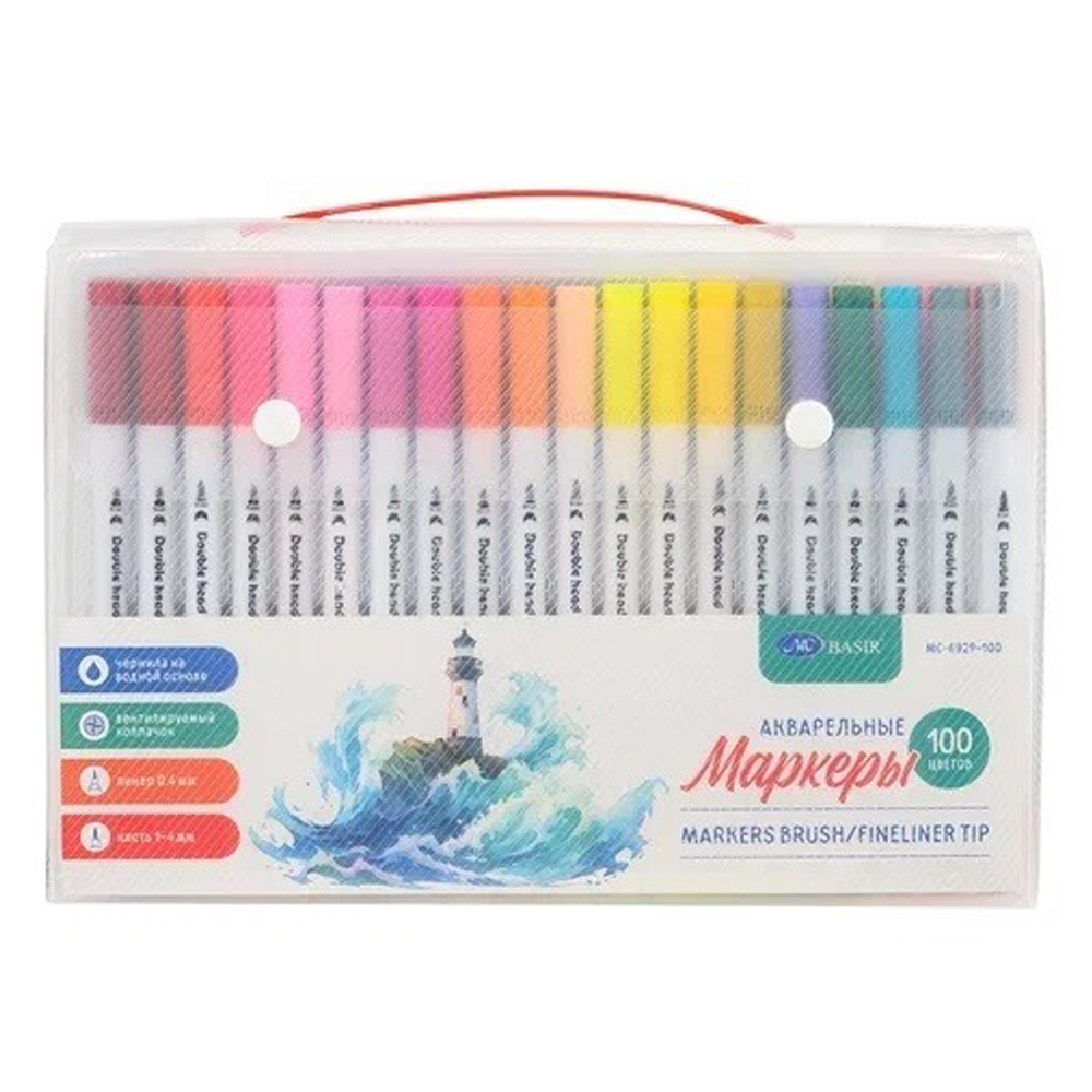 Маркер для скетчинга, двусторонние, Basir, линер, акварельные, белый корпус, 100 цветов