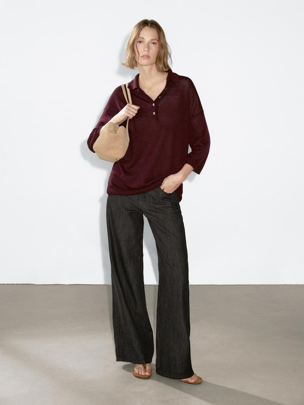 Massimo Dutti Свитер оверсайз с воротником поло, гранатовый