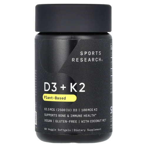 Sports Research, Витамины D3 + K2, растительного происхождения, 62,5 мкг / 100 мкг, 60 растительных капсул
