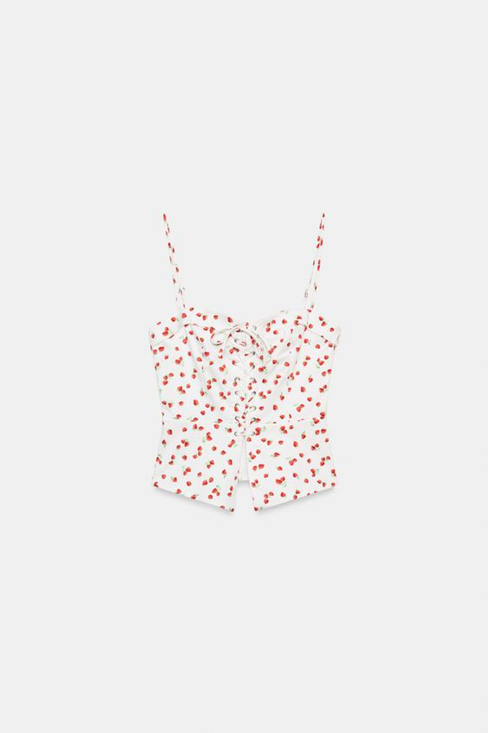 ZARA КОРСЕТНЫЙ ТОП С ПРИНТОМ КЛУБНИКА, БЕЛЫЙ/КРАСНЫЙ