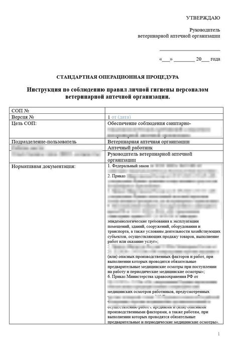 СОП «Инструкция по соблюдению правил личной гигиены персоналом ветеринарной аптечной организации»