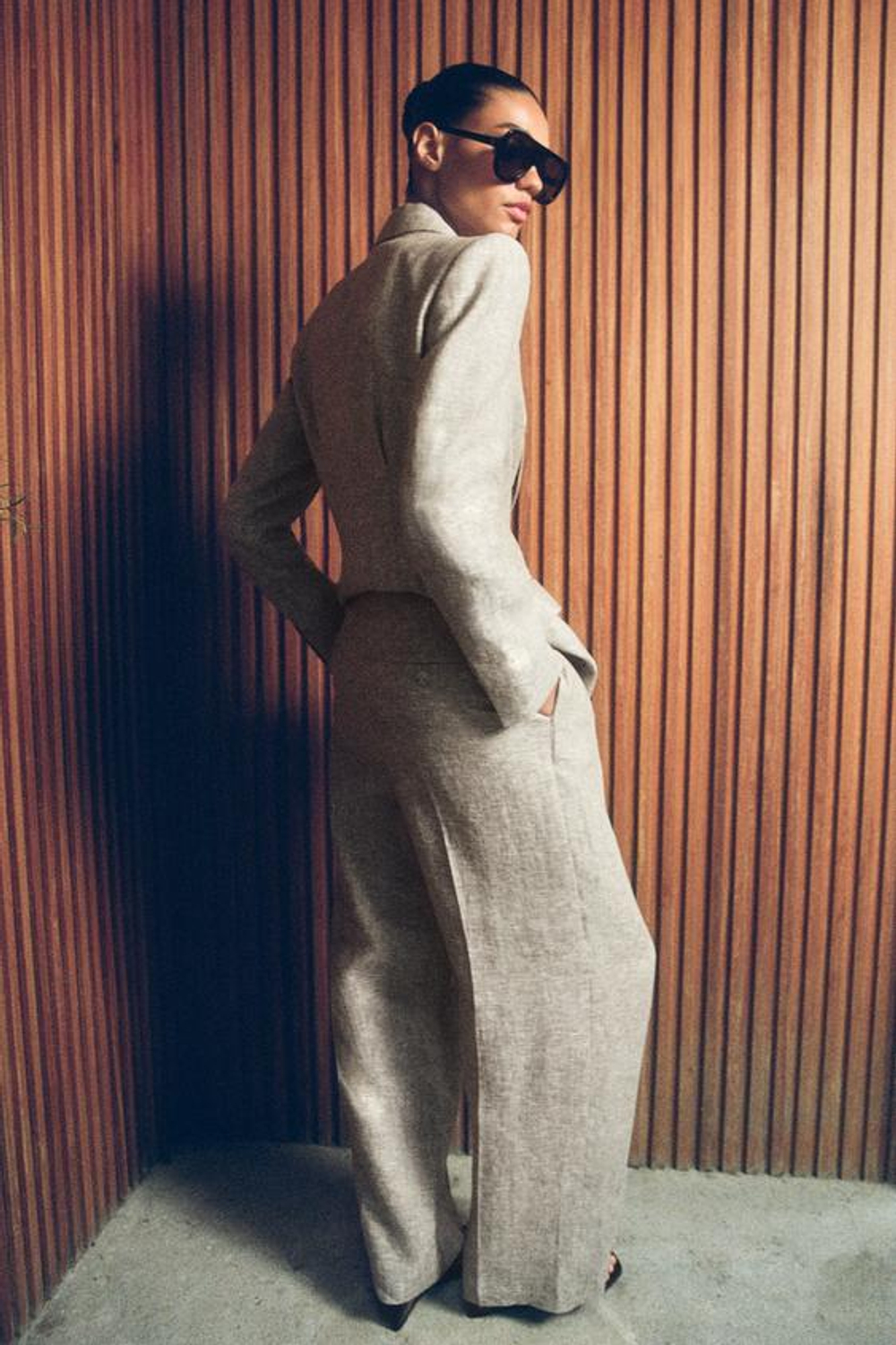 ZARA ПРЯМЫЕ БРЮКИ ИЗ 100% ЛЬНА, ПЕСОЧНЫЙ МЕЛАНЖ