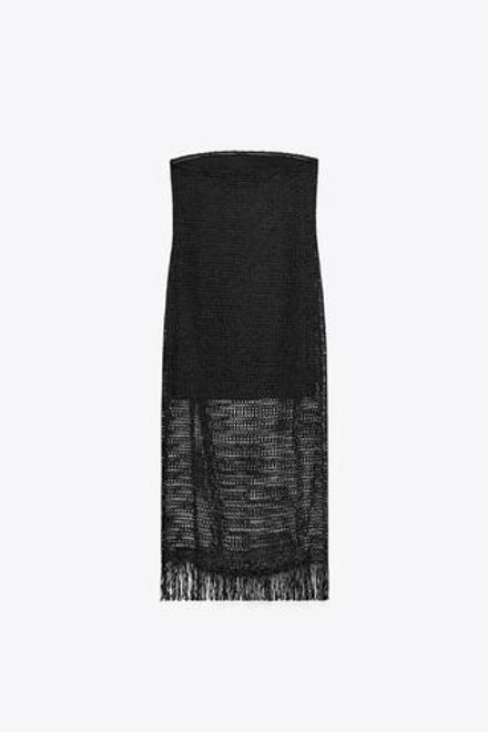 ZARA ПЛАТЬЕ МИДИ БЕЗ БРЕТЕЛЕЙ С БАХРОМОЙ, ЧЕРНЫЙ