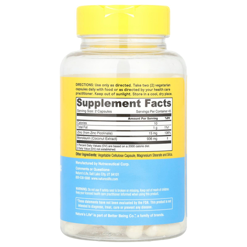 Nature's Life, монолаурин и цинк, 90 капсул