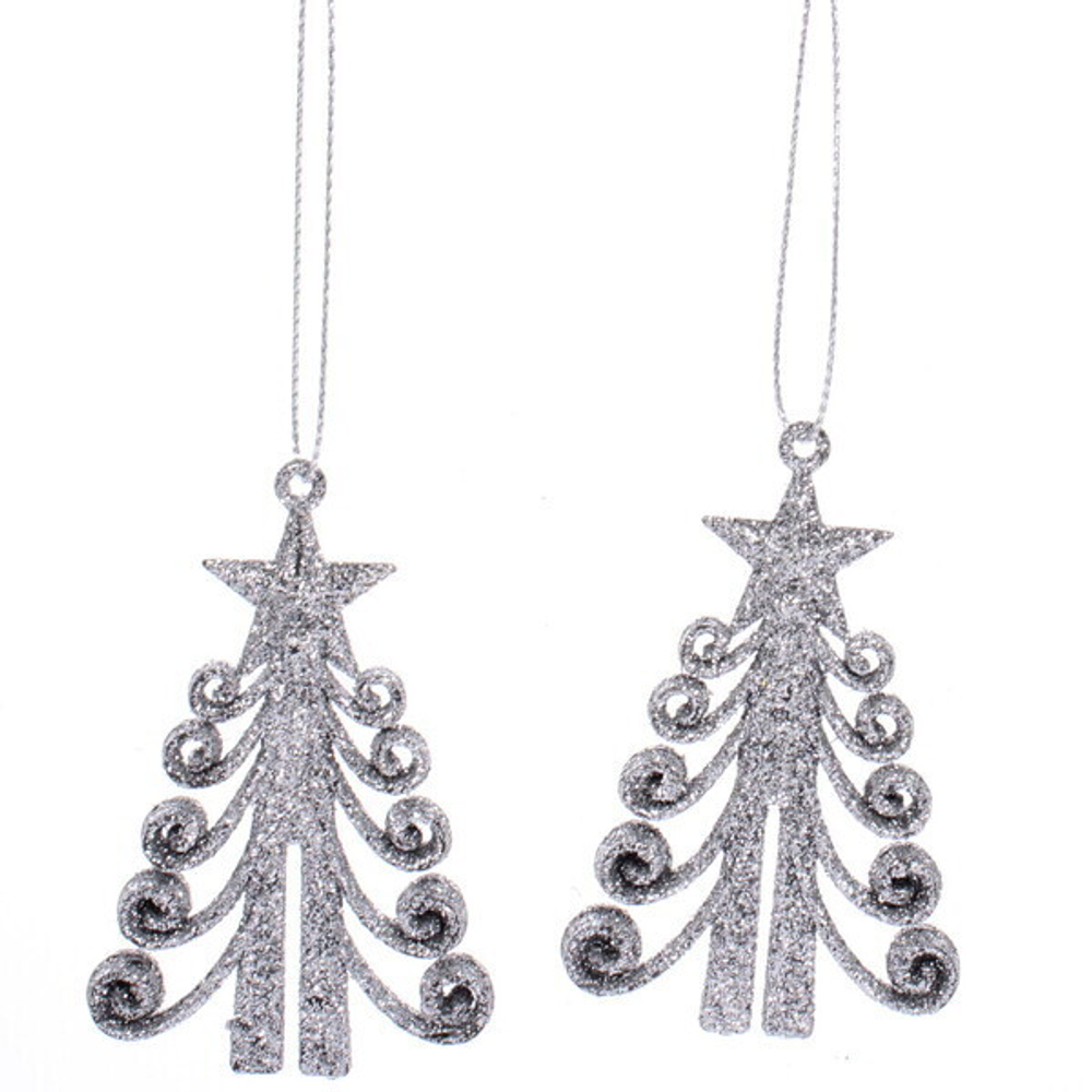 Подвески в блестках «Елочка кудрявая» 7 см (набор 2шт), серебро