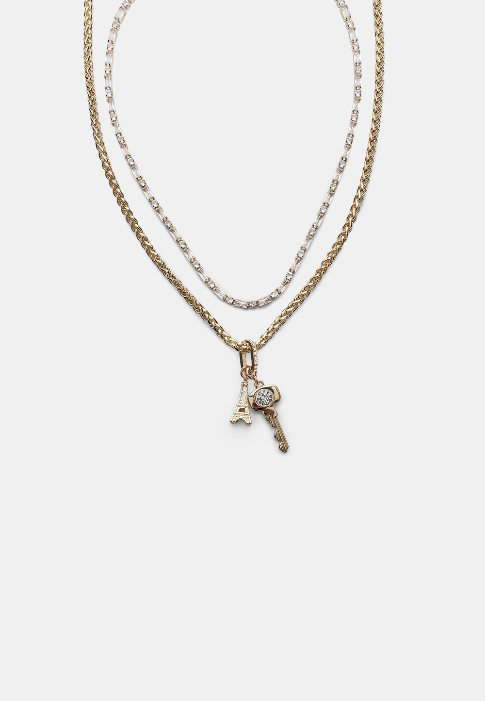 STRADIVARIUS Комплект из 2 ожерелий со стразами и подвесками, золотой