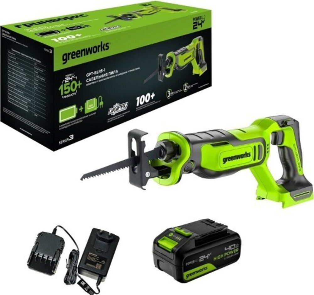 Пила сабельная аккумуляторная GREENWORKS GPT-BLRS-1 24V, АКБ 4Ач и ЗУ 1200607CUB