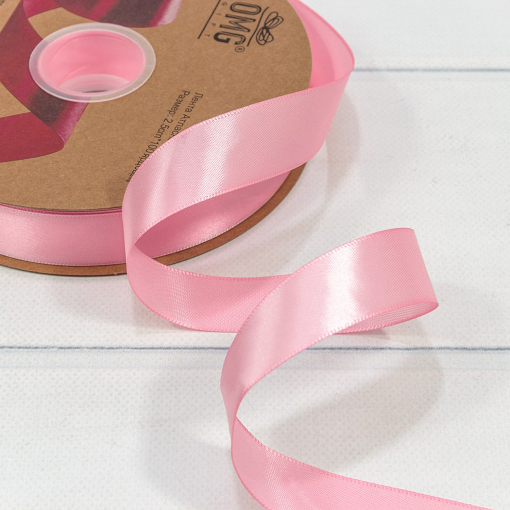 Лента Атласная 2,5см х 110м Полиэстер класс А (Розовый)