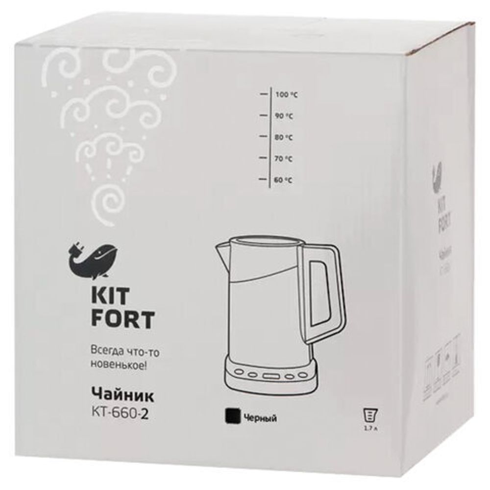 Чайник KITFORT КТ-660-2, 1,7 л, 2200 Вт, закрытый нагревательный элемент, ТЕРМОРЕГУЛЯТОР, двойные стенки, черный