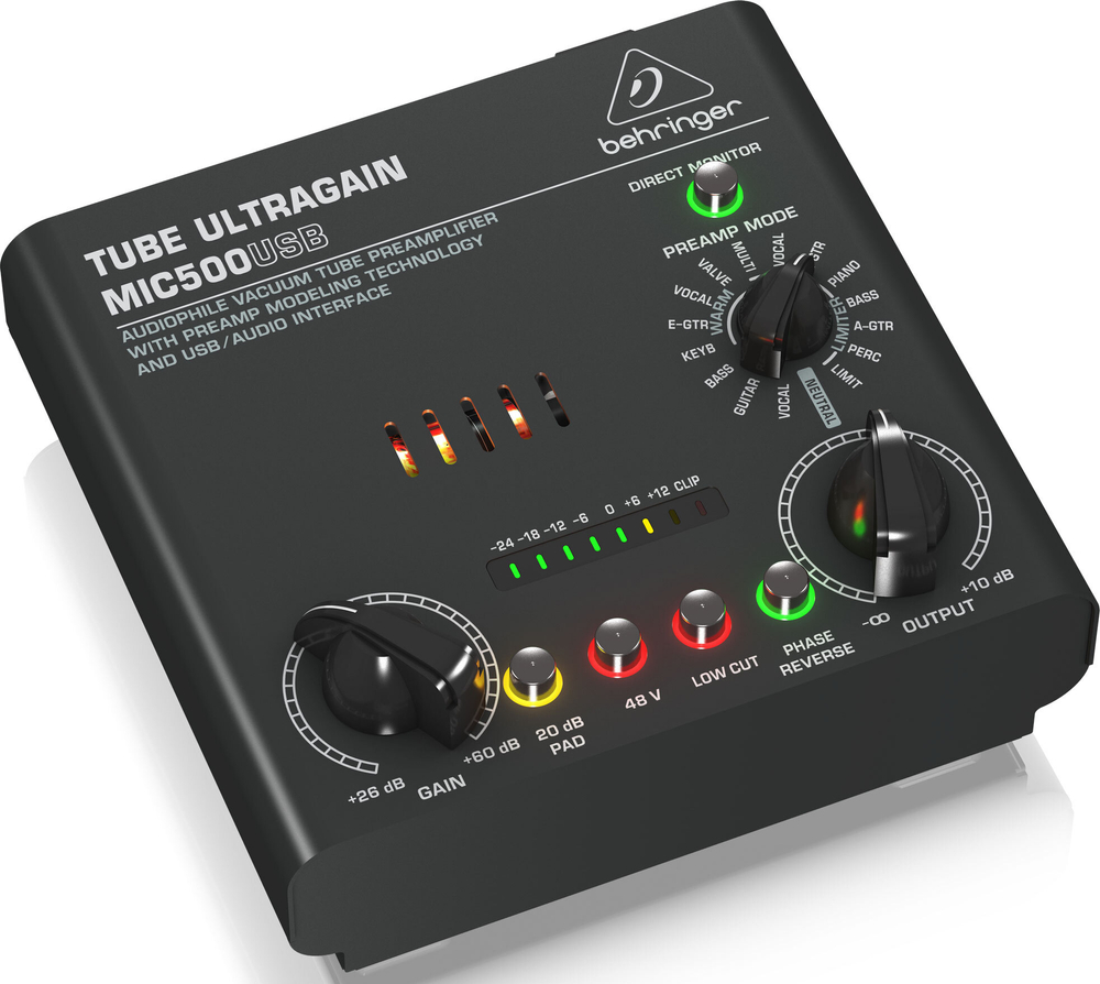 BEHRINGER MIC500USB USB-аудиоинтерфейс с ламповым предусилителем, линейный и микрофонный входы, разъем для наушников, подключение по USB.