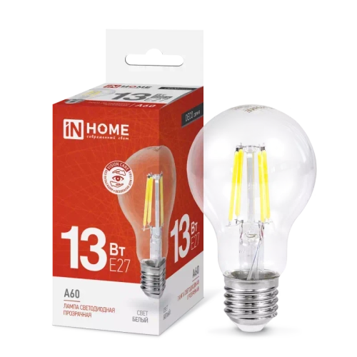 Лампа светодиодная LED-A60-deco 13Вт 230В Е27 4000К БЕЛЫЙ 1370Лм прозрачная IN HOME
