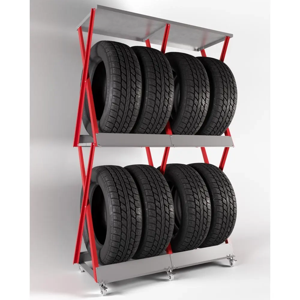 Красный подкатной стеллаж для двух комплектов колес увеличенной ширины (320 мм), усиленная стальная конструкция для гаража.