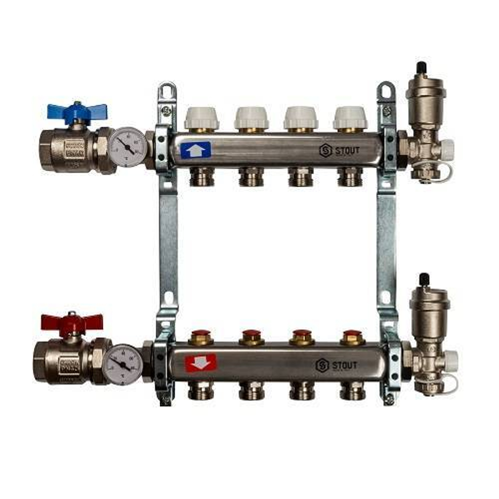 Коллекторная группа для радиаторного отопления STOUT SMS0912 - 1" на 4 контуров 3/4"EK (нерж.сталь)