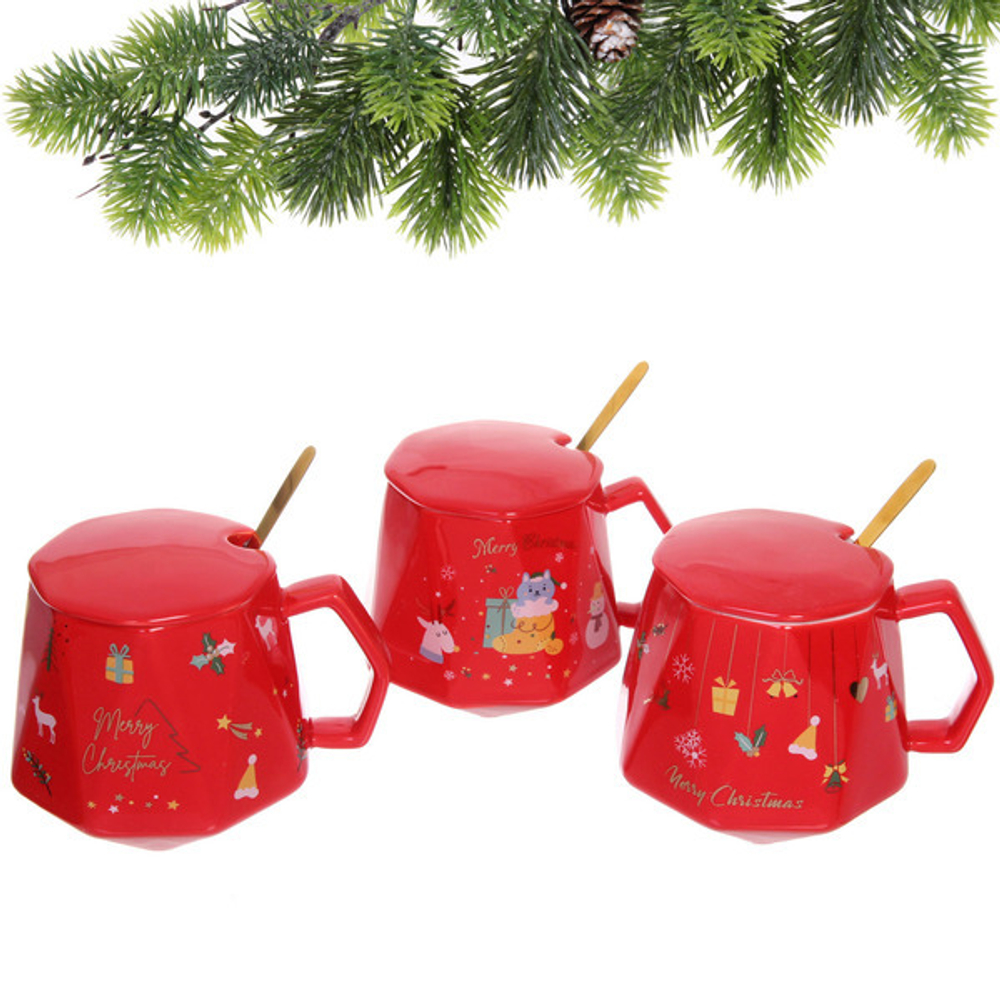 Кружка керамическая 350мл «С рождеством» с крышкой и ложкой