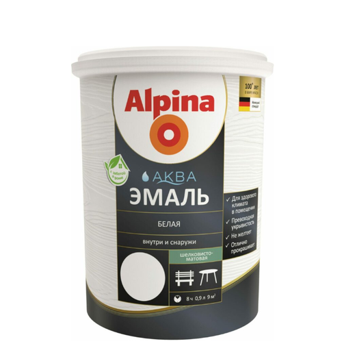 ЭМАЛЬ АКРИЛОВАЯ ВОДНО-ДИСП ALPINA АКВА ЭМАЛЬ БЕЛАЯ ШЕЛК-МАТ 0,9Л/1,10КГ