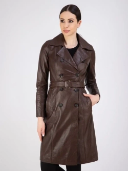 Тренч длинный кожаный с поясом плащ на весну