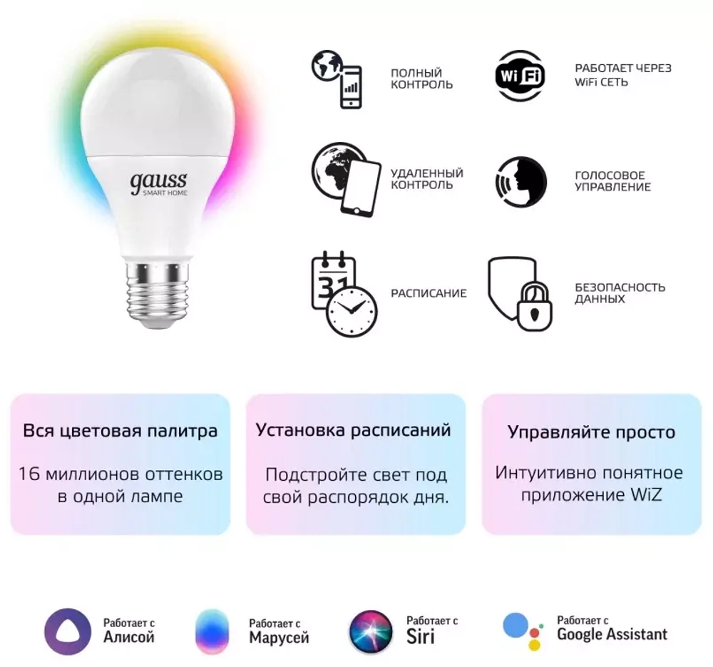 Лампа Gauss Smart Home A60 10W 1055lm 2700-6500К E27 RGBW+изм.цвет.темп.+диммирование LED 1180112