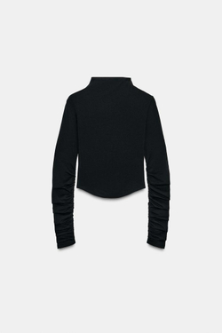 ZARA ФУТБОЛКА ИЗ ХЛОПКА И МОДАЛА СО СБОРКАМИ, ЧЕРНЫЙ