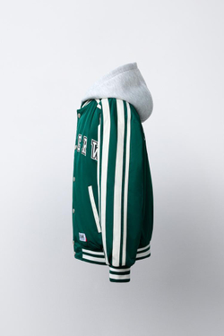 ZARA СТЕГАНЫЙ БОМБЕР В СТИЛЕ VARSITY СО СЪЕМНЫМ КАПЮШОНОМ, ЗЕЛЕНЫЙ