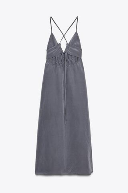 ZARA ПЛАТЬЕ МИДИ ИЗ СТРУЯЩЕЙСЯ ТКАНИ, СВИНЦОВЫЙ
