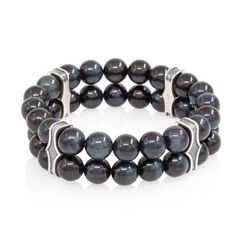 Двойной браслет из соколиного глаза 8 мм с шармами из серебра